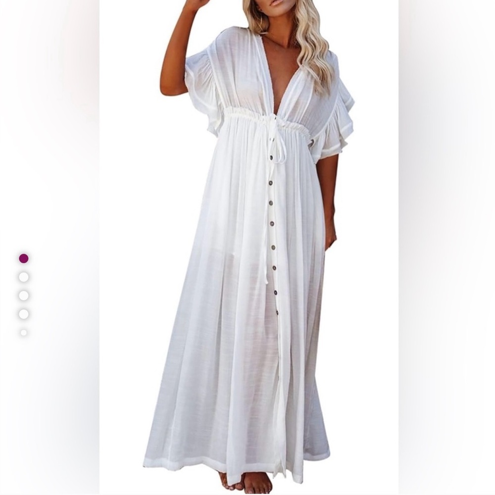 White V Neck Ruffle Short Sleeve Button Down Pleated Beach Maxi Dress